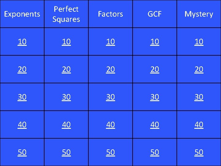 Exponents Perfect Squares Factors GCF Mystery 10 10 10 20 20 20 30 30