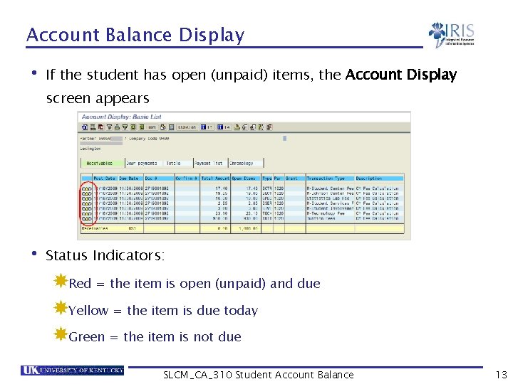 Account Balance Display • If the student has open (unpaid) items, the Account Display