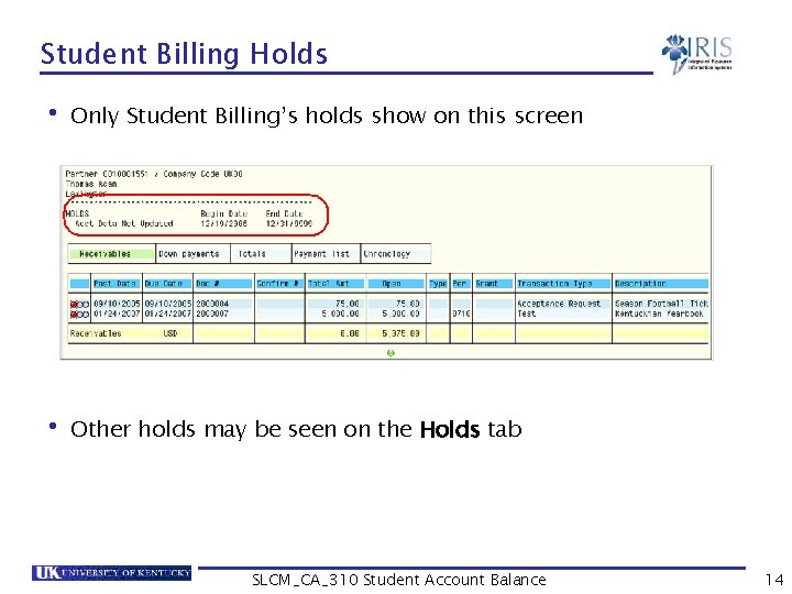 Student Billing Holds • Only Student Billing’s holds show on this screen • Other