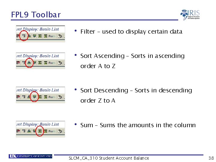 FPL 9 Toolbar • Filter – used to display certain data • Sort Ascending