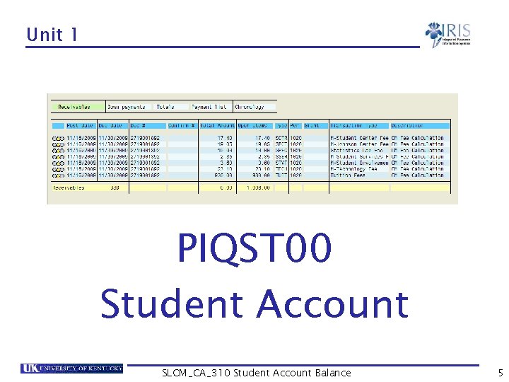 Unit 1 PIQST 00 Student Account SLCM_CA_310 Student Account Balance 5 