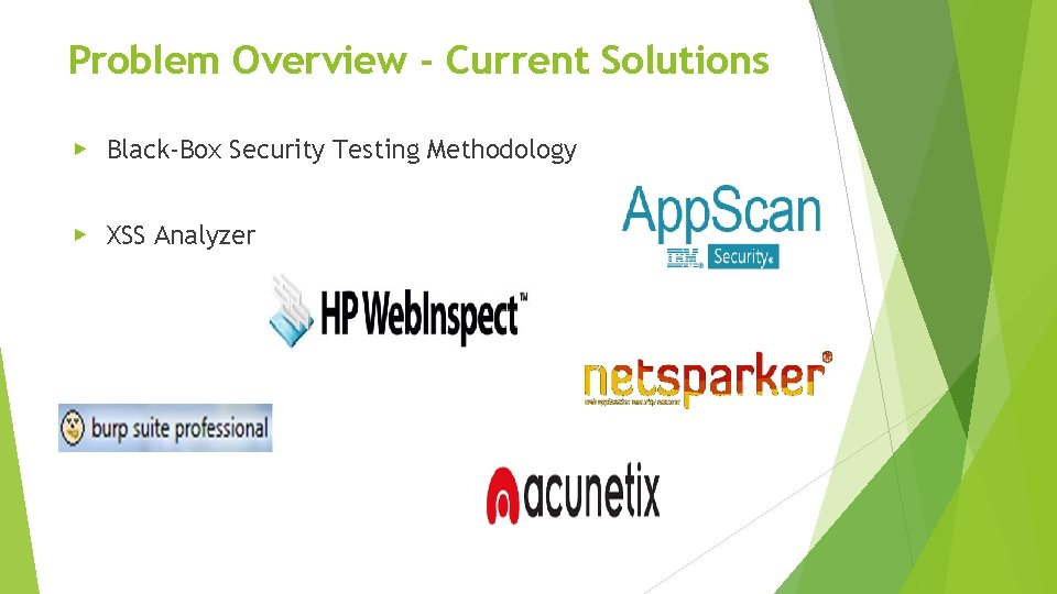 Problem Overview - Current Solutions ▶ Black-Box Security Testing Methodology ▶ XSS Analyzer Problem Overview - Current Solutions ▶ Black-Box Security Testing Methodology ▶ XSS Analyzer