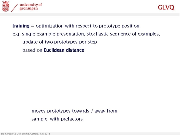 GLVQ training = optimization with respect to prototype position, e. g. single example presentation,