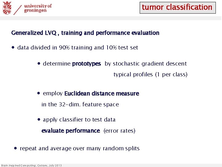 tumor classification Generalized LVQ , training and performance evaluation ∙ data divided in 90%