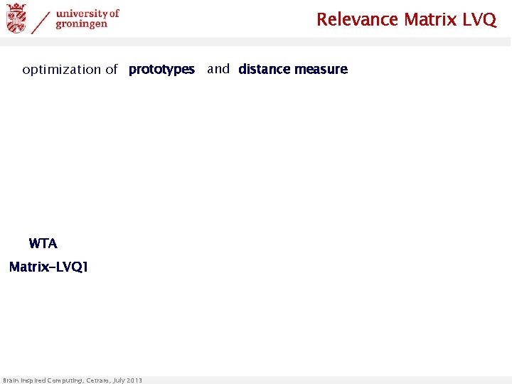 Relevance Matrix LVQ optimization of prototypes and distance measure WTA Matrix-LVQ 1 Brain Inspired