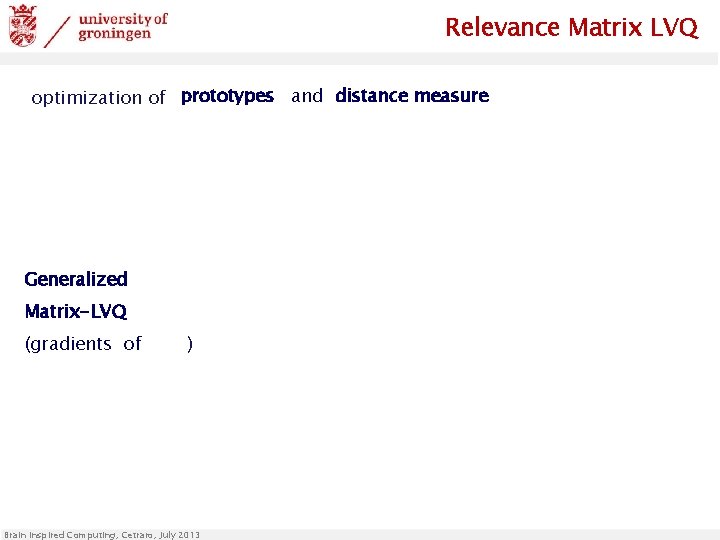Relevance Matrix LVQ optimization of prototypes and distance measure Generalized Matrix-LVQ (gradients of )
