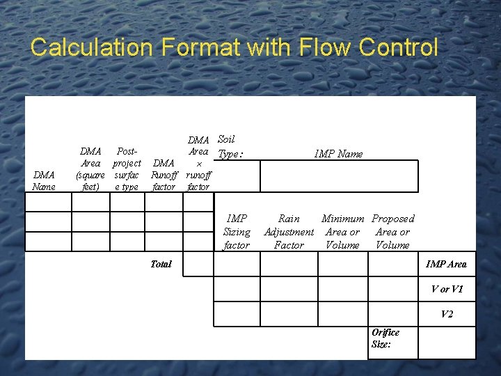 Calculation Format with Flow Control DMA Name DMA Post. Area project (square surfac feet)