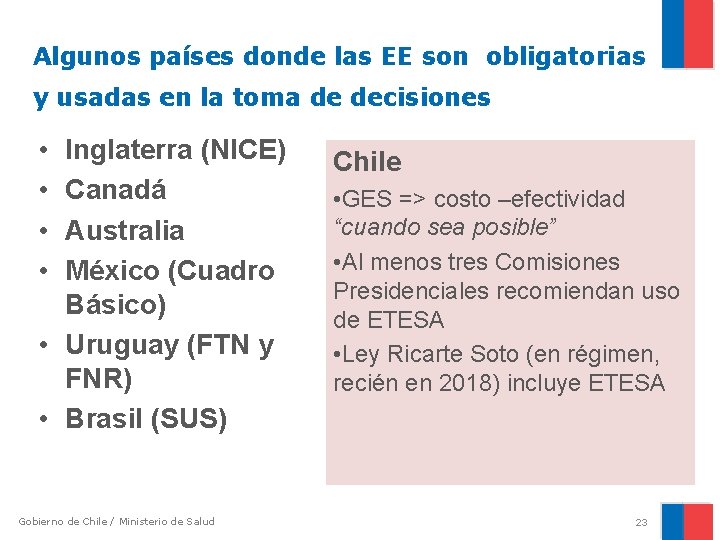 Algunos países donde las EE son obligatorias y usadas en la toma de decisiones