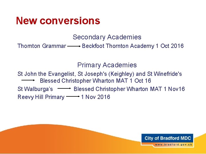 New conversions Secondary Academies Thornton Grammar Beckfoot Thornton Academy 1 Oct 2016 Primary Academies
