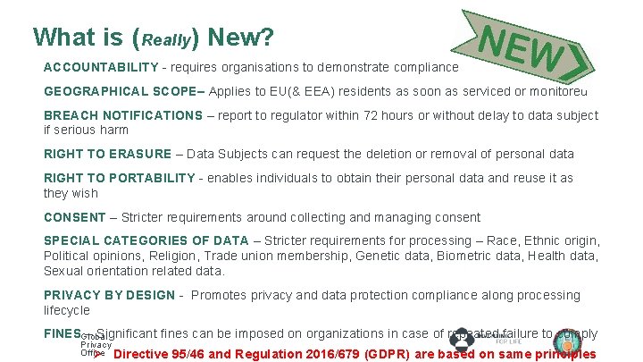 What is (Really) New? ACCOUNTABILITY - requires organisations to demonstrate compliance GEOGRAPHICAL SCOPE– Applies