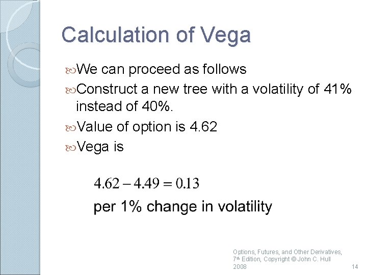 Calculation of Vega We can proceed as follows Construct a new tree with a