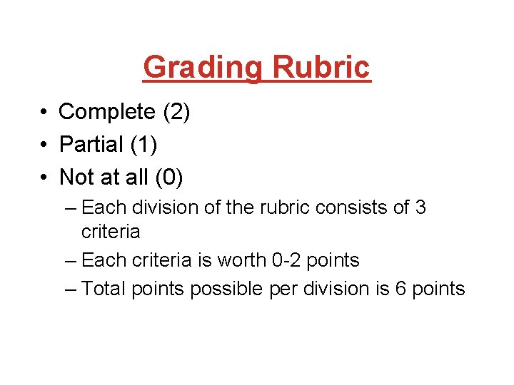 Grading Rubric • Complete (2) • Partial (1) • Not at all (0) –