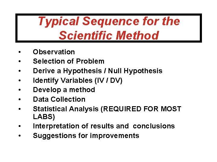 Typical Sequence for the Scientific Method • • • Observation Selection of Problem Derive