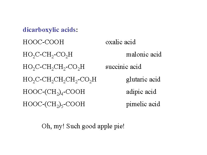 dicarboxylic acids: HOOC-COOH oxalic acid HO 2 C-CH 2 -CO 2 H malonic acid