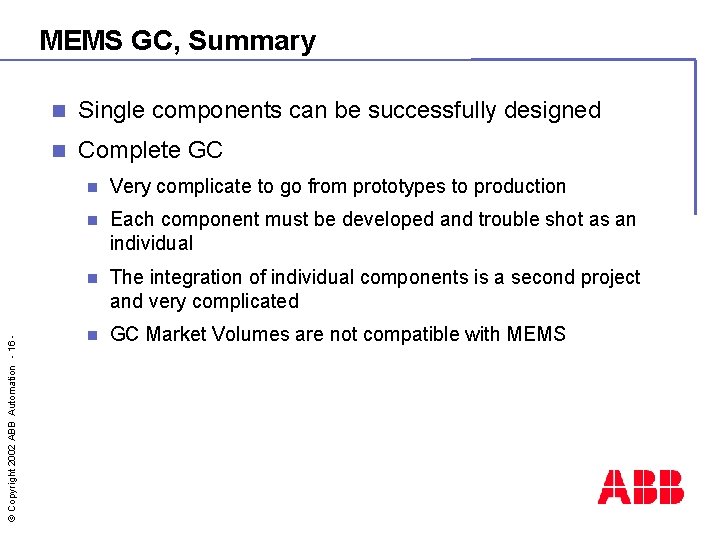 © Copyright 2002 ABB Automation - 16 - MEMS GC, Summary n Single components