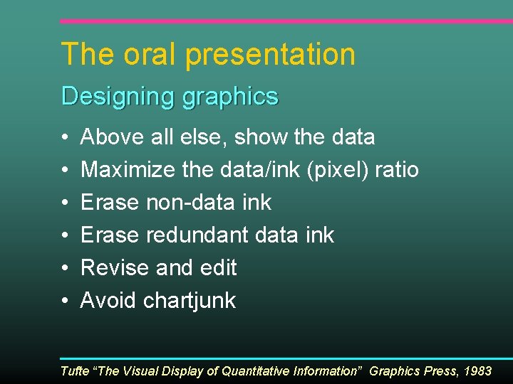 The oral presentation Designing graphics • • • Above all else, show the data