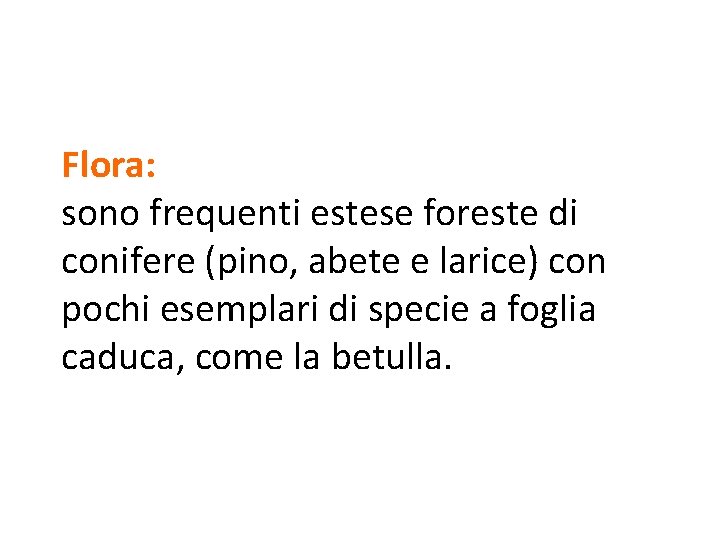 Flora: sono frequenti estese foreste di conifere (pino, abete e larice) con pochi esemplari