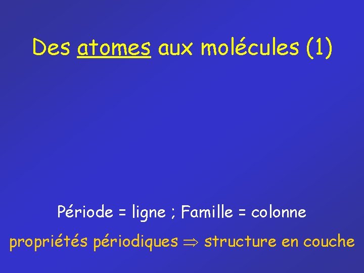 Des atomes aux molécules (1) Période = ligne ; Famille = colonne propriétés périodiques