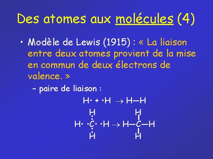 Des atomes aux molécules (4) • Modèle de Lewis (1915) : « La liaison