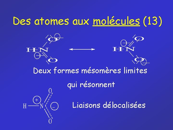 Des atomes aux molécules (13) Deux formes mésomères limites qui résonnent Liaisons délocalisées Des atomes aux molécules (13) Deux formes mésomères limites qui résonnent Liaisons délocalisées