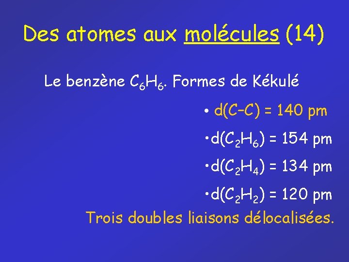 Des atomes aux molécules (14) Le benzène C 6 H 6. Formes de Kékulé