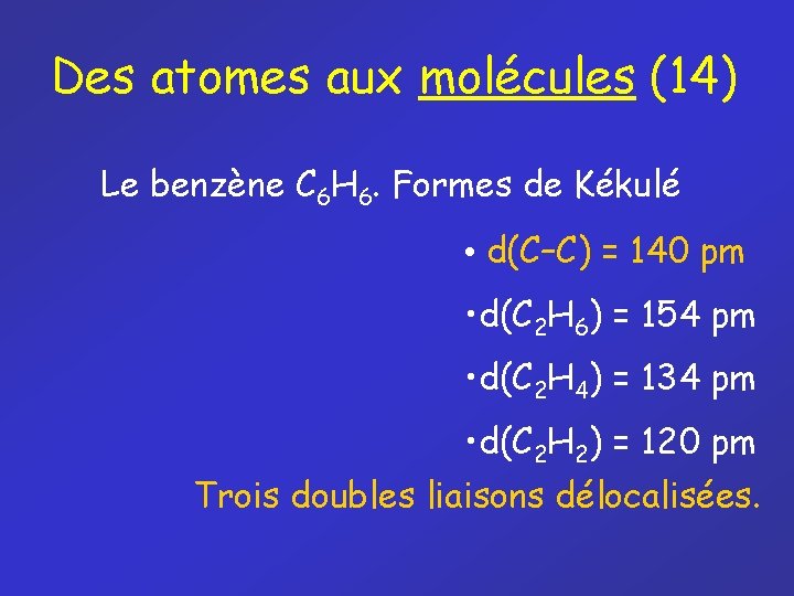 Des atomes aux molécules (14) Le benzène C 6 H 6. Formes de Kékulé Des atomes aux molécules (14) Le benzène C 6 H 6. Formes de Kékulé