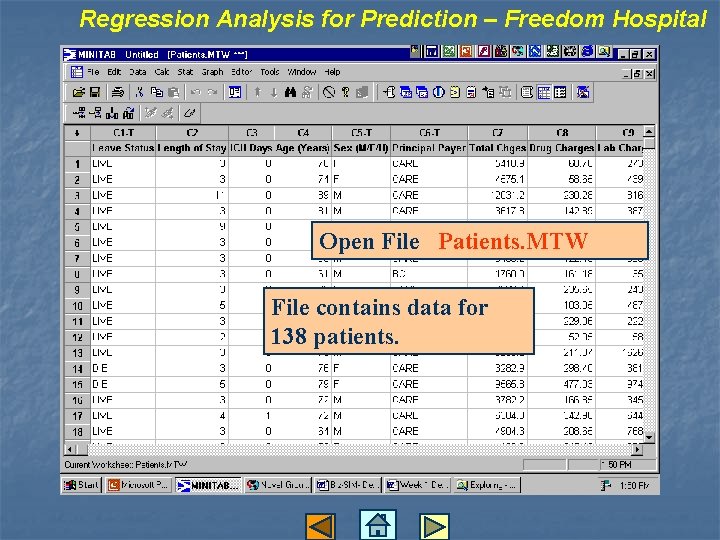 Regression Analysis for Prediction – Freedom Hospital Open File Patients. MTW File contains data