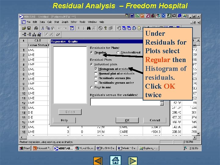 Residual Analysis – Freedom Hospital Under Residuals for Plots select Regular then Histogram of
