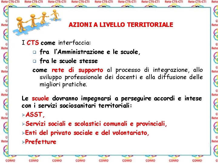 AZIONI A LIVELLO TERRITORIALE I CTS come interfaccia: q fra l’Amministrazione e le scuole,