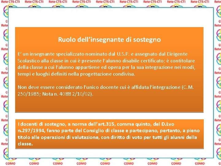 Ruolo dell’insegnante di sostegno E’ un insegnante specializzato nominato dal U. S. P. e