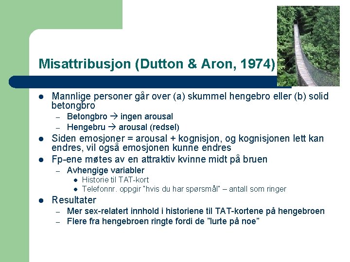 Misattribusjon (Dutton & Aron, 1974) l Mannlige personer går over (a) skummel hengebro eller