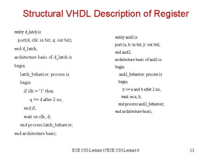 Structural VHDL Description of Register entity d_latch is entity and 2 is port(d, clk: Structural VHDL Description of Register entity d_latch is entity and 2 is port(d, clk: