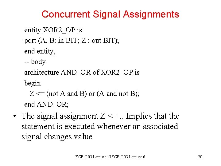 Concurrent Signal Assignments entity XOR 2_OP is port (A, B: in BIT; Z :