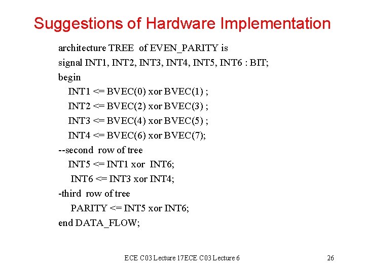 Suggestions of Hardware Implementation architecture TREE of EVEN_PARITY is signal INT 1, INT 2,