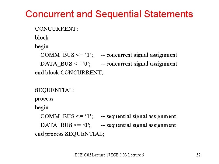 Concurrent and Sequential Statements CONCURRENT: block begin COMM_BUS <= ‘ 1’; -- concurrent signal