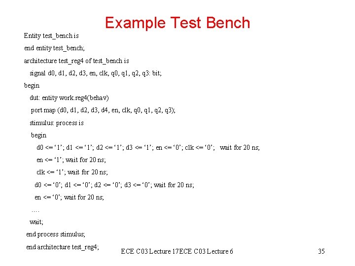 Example Test Bench Entity test_bench is end entity test_bench; architecture test_reg 4 of test_bench