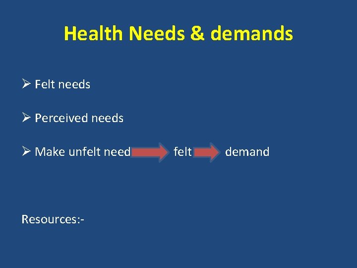 Health Needs & demands Ø Felt needs Ø Perceived needs Ø Make unfelt need