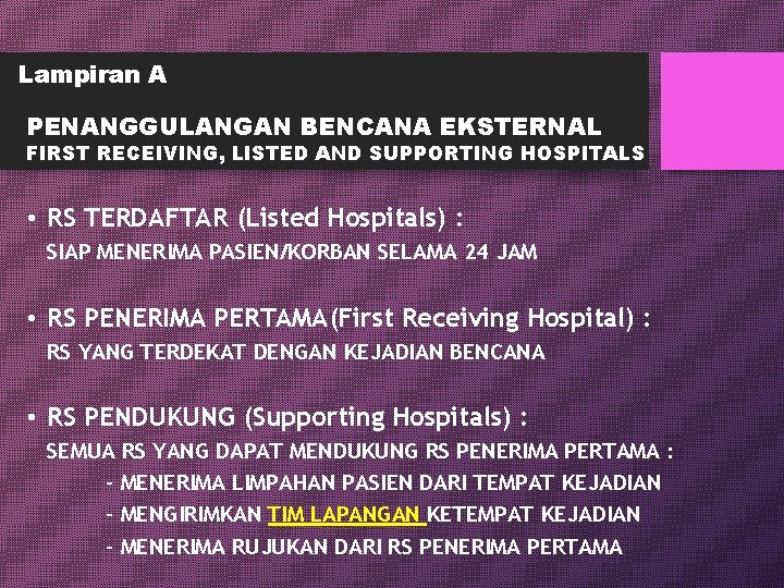 Lampiran A PENANGGULANGAN BENCANA EKSTERNAL FIRST RECEIVING, LISTED AND SUPPORTING HOSPITALS • RS TERDAFTAR