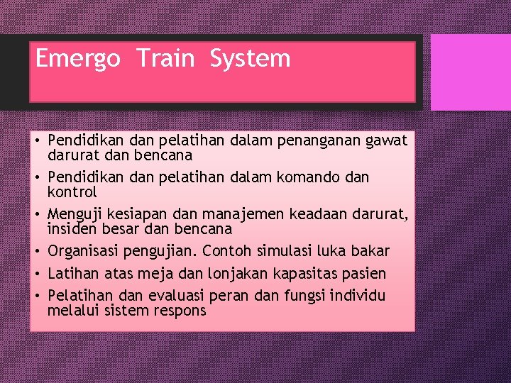 Emergo Train System • Pendidikan dan pelatihan dalam penanganan gawat darurat dan bencana •