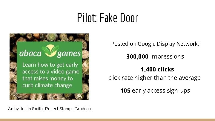 Pilot: Fake Door Posted on Google Display Network: 300, 000 impressions 1, 400 clicks