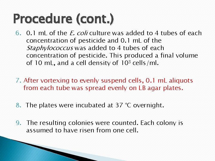 Procedure (cont. ) 6. 0. 1 m. L of the E. coli culture was