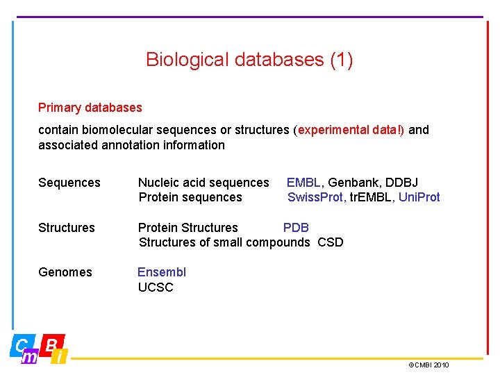 Biological databases (1) Primary databases contain biomolecular sequences or structures (experimental data!) and associated Biological databases (1) Primary databases contain biomolecular sequences or structures (experimental data!) and associated