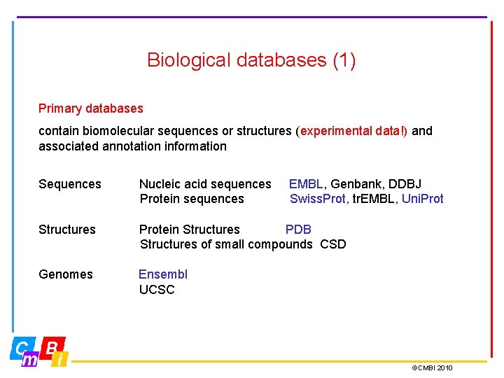 Biological databases (1) Primary databases contain biomolecular sequences or structures (experimental data!) and associated