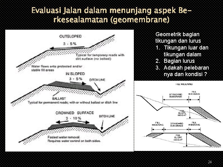 Evaluasi Jalan dalam menunjang aspek Berkesealamatan (geomembrane) Geometrik bagian tikungan dan lurus 1. Tikungan