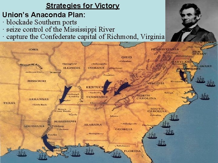 Strategies for Victory Union’s Anaconda Plan: · blockade Southern ports · seize control of