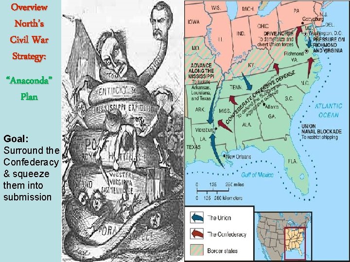 Overview North’s Civil War Strategy: “Anaconda” Plan Goal: Surround the Confederacy & squeeze them