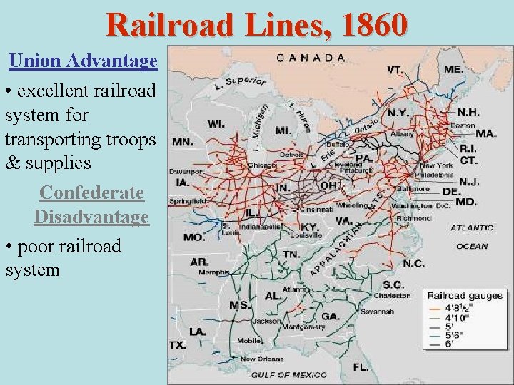 Railroad Lines, 1860 Union Advantage • excellent railroad system for transporting troops & supplies