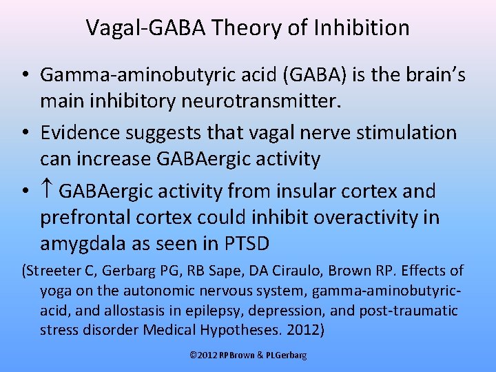 Vagal-GABA Theory of Inhibition • Gamma-aminobutyric acid (GABA) is the brain’s main inhibitory neurotransmitter.