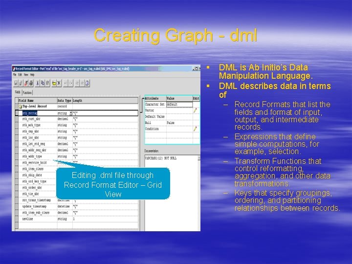 Creating Graph - dml § DML is Ab Initio’s Data Manipulation Language. § DML