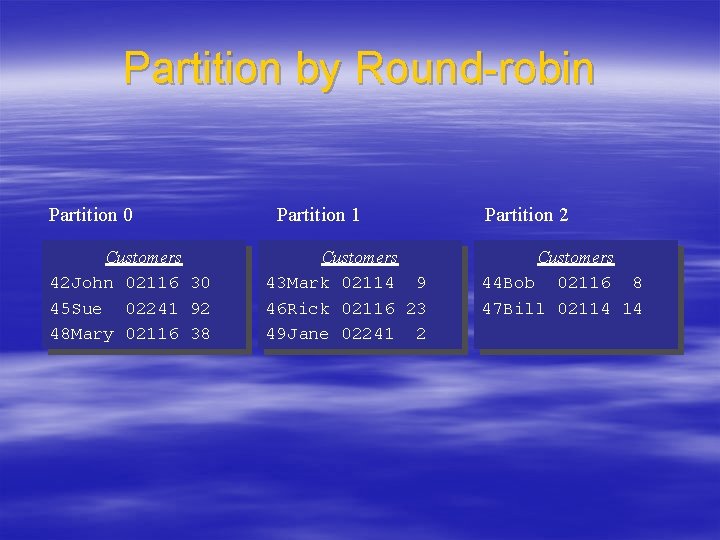 Partition by Round-robin Partition 0 Customers 42 John 02116 30 45 Sue 02241 92